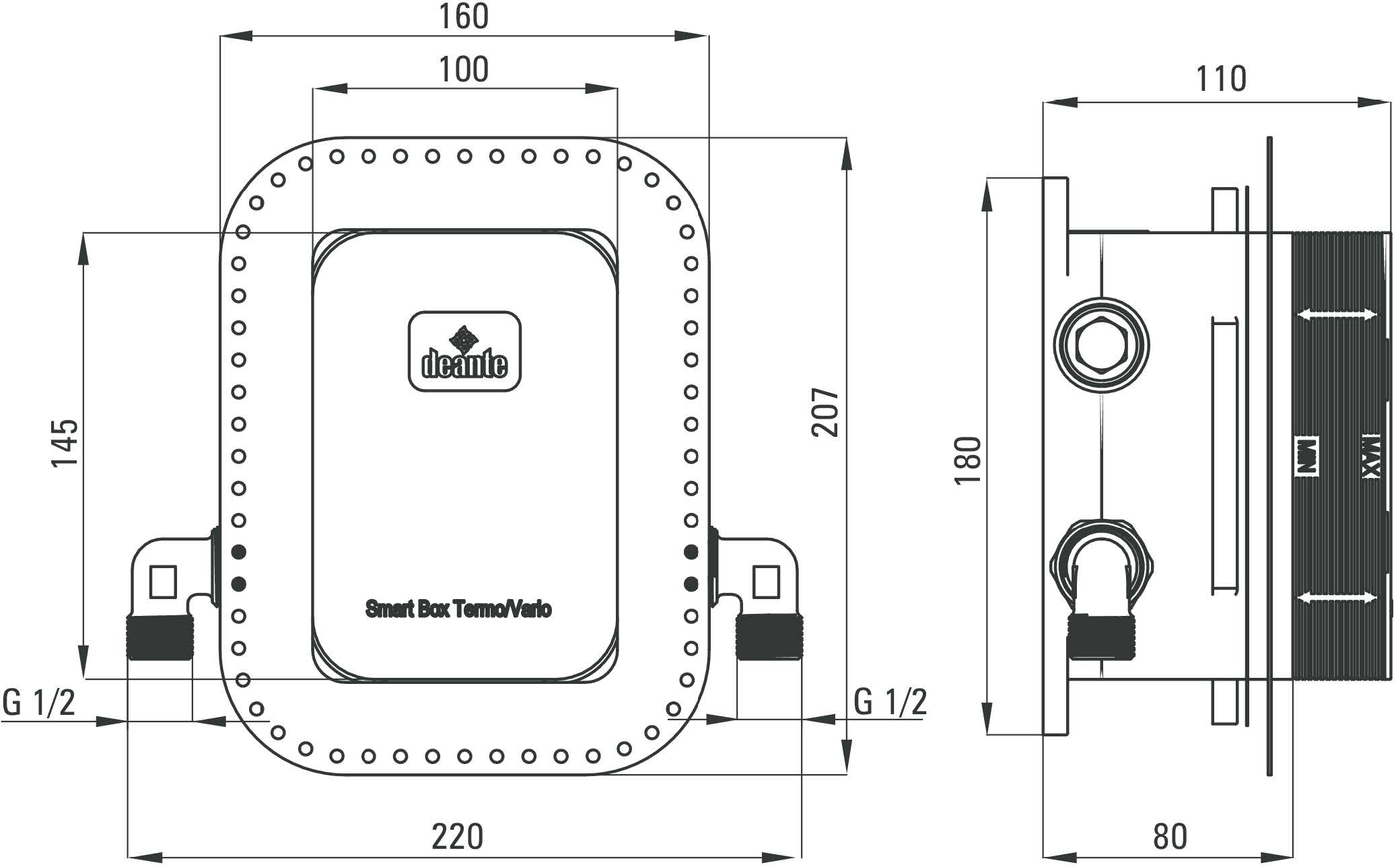 Komplet natryskowy z deszczownicą i boxem termostatycznym HIACYNT BIANCO BXYZAECT - kolor biały mat - rysunek techniczny 1